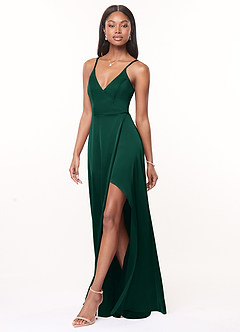 Azazie Maksim Bridesmaid Dresses Emerald A-Line V-Neck Stretch Satin Dress image4