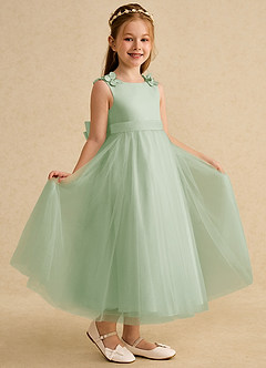 Azazie Lilli Robe Demoiselle D'honneur Fillette Robe Trapèze en Tulle Arc Sauge Poussiéreuse Sauge Poussiéreuse image1