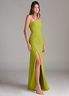 Azazie Eren Vestidos de damas de honor Vestido de Hierba De Limón de Gasa de Corte Recto con Hombro unilateral image4