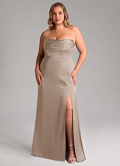 Azazie Saige Bridesmaid Dresses Taupe Sheath Off the Shoulder Stretch Satin Dress image11