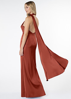 Azazie Kaylani Brautjungfernkleider Meerjungfrau-Linie Hoher Kragen Stretch-Satin Kleid Terrakotta image4