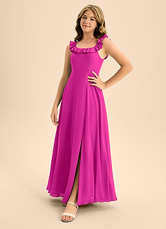 Azazie Callie Junior Abito A-Line in Chiffon Increspato Fucsia image2