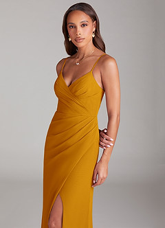 Azazie Maci Bridesmaid Dresses Butterscotch Sheath Pleated Chiffon Dress image2