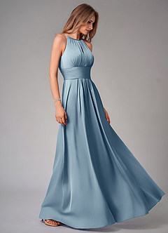 Azazie Bonnie Bridesmaid Dresses Dusty Blue A-Line Pleated Stretch Satin Dress image4