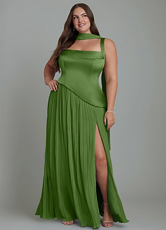 Azazie Stephanie Robes de demoiselle d'honneur Robe Trapèze en Satin extensible Plissé Basilic image15