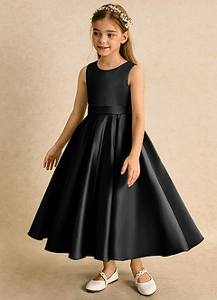 Azazie Junebuj Robe Demoiselle D'honneur Fillette Robe Princesse en Mat Satiné Plissée Noir image3