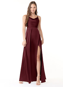Azazie Naomie Bridesmaid Dresses Cabernet A-Line Cowl Neckline Side Slit Stretch Satin Dress image1