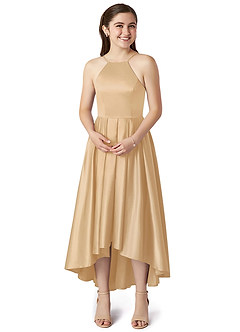 Azazie Jemima Junior Gold A-Line with Pockets Stretch Satin Dress image4