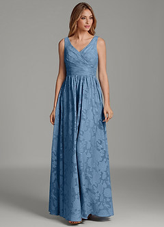 Azazie Keyla At-home Try On Dresses Steel Blue A-Line Pleated Floral Burnout Dress image3