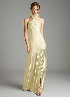 Azazie Nayeli Final Sale Lemon Sorbet A-Line Pleated Stretch Satin Dress image1