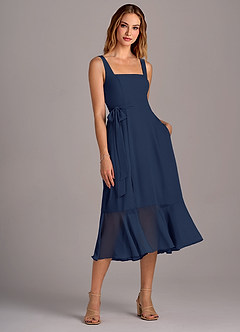 Azazie Deb Robes de demoiselle d'honneur Robe Trapèze Convertible en Mousseline de soie avec poches Bleu Marine Foncé image4