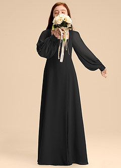 Azazie Bondi Junior Black A-Line Blouson Chiffon Dress image3