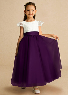 Azazie Pookie Flower Girl Dresses Grape A-Line Lace Tulle Dress image4
