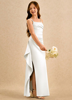 Azazie Cannoli Girls Formal 플라워 걸 드레스 A라인 주름진 매트 새틴 플로어 길이 드레스 image4