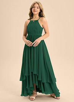 Azazie Elliora Junior A-Linie Plissee Chiffon Kleid Dunkelgrün image4