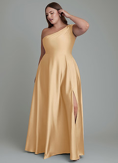 Azazie Melanie Bridesmaid Dresses Gold A-Line Off the Shoulder Stretch Satin Dress image9