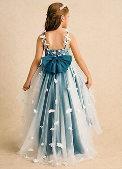 Azazie Darlina Flower Girl Dresses Ivory Ink Blue Ball-Gown Lace Tulle Dress image7