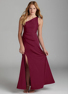 Azazie Maron Junior Mulberry A-Line Pleated Stretch Satin Dress image1