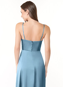 Azazie Halsey Bridesmaid Dresses Steel Blue Sheath Side Slit Stretch Satin Dress image3