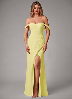 Azazie Haisley Bridesmaid Dresses Lemon Sorbet Sheath Off the Shoulder Chiffon Convertible Dress image4
