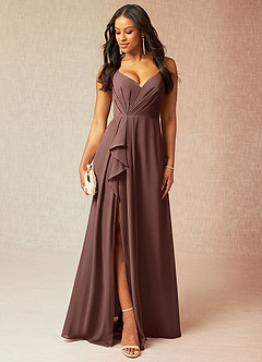 Azazie Kyedae Brautjungfernkleider Eine Linie V-Hals Gefaltet Chiffon Kleid Espresso image1