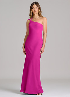 Azazie Monroe Robes de demoiselle d'honneur Robe Fourreau en Mousseline de soie Une épaule Fuchsia image1