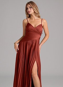Azazie Vini Robes de demoiselle d'honneur Robe Trapèze en Satin extensible Plissée Terracotta image2