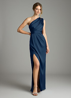 Azazie Emorie Final Sale Dark Navy Sheath One Shoulder Stretch Satin Dress image1
