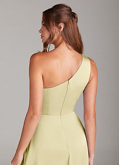 Azazie Brooke Bridesmaid Dresses Lemon Sorbet A-Line One Shoulder Stretch Satin Dress image2