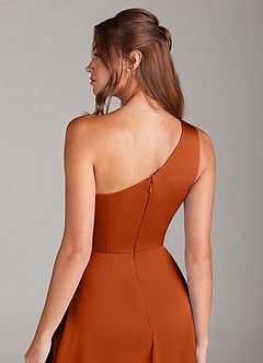Azazie Brooke Bridesmaid Dresses Burnt Orange A-Line One Shoulder Stretch Satin Dress image2