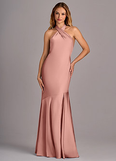 Azazie Lorena Brautjungfernkleider Meerjungfrau-Linie Plissee Stretch-Satin Kleid Rosettenrosa image4