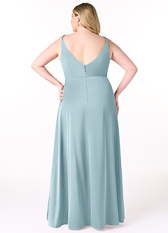 Azazie Dalilah Robes de demoiselle d'honneur Robe Trapèze en Satin extensible Col V plissé Bleu Maussade image7
