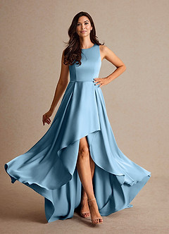Azazie Niles Mother of the Bride Dresses Steel Blue A-Line Trains Stretch Satin Dress image2