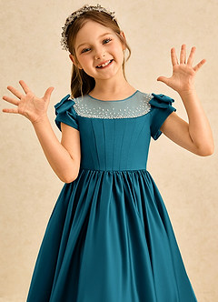 Azazie Toffee Abiti da Ragazza di Fiori Abito Stile Principessa in Raso Opaco Fiocco Blu Inchiostro image6