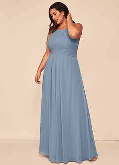 Azazie Ginger Bridesmaid Dresses Dusty Blue A-Line Halter Pleated Chiffon Dress image12