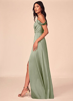 Azazie Ocean At-home Try On Dresses Rosette A-Line V-Neck Pleated Stretch Satin Dress image3