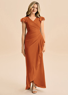 Azazie Julie Junior Vestido de Canela de Gasa de Corte Sirena con Volante image4