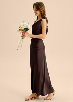 Azazie Madelyn Junior Ganache Sheath Off the Shoulder Stretch Satin Dress image3