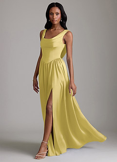 Azazie Novi Robes de demoiselle d'honneur Robe Trapèze en Satin extensible Avec poches Canari image6