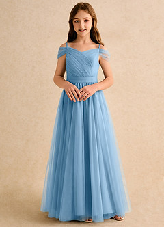 Azazie Yuna Girls Formal vestidos de niña de las flores Vestido de Azul Acero de Tul de Corte en A con Vestidos sin tirantes image4