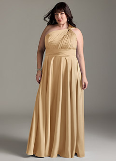 Azazie Charlize Bridesmaid Dresses Gold A-Line One Shoulder Stretch Satin Dress image5