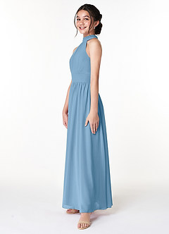 Azazie Iman Junior Steel Blue A-Line Pleated Chiffon Dress image4