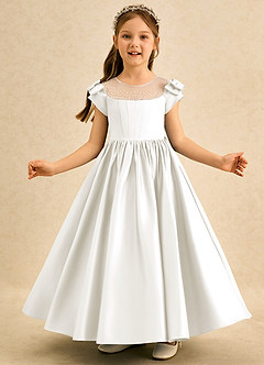 Azazie Toffee Flower Girl Dresses Ivory Ball-Gown Bow Matte Satin Dress image3