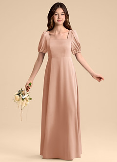 Azazie Briar Junior Vestido de Oro Rosa de Satén Elástico de Corte en A con Lazo image5