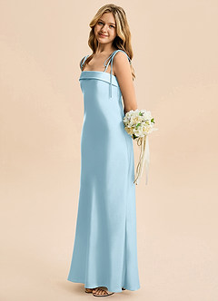 Azazie Willa Junior Vestido de Azul Cielo de Satén Elástico de Corte en A con Lazo image3