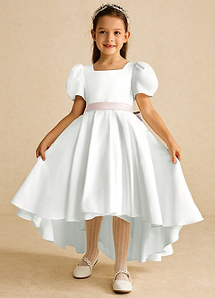 Azazie Zippy Flower Girl Dresses Ivory Rose Petal A-Line with Sleeves Matte Satin Dress image2