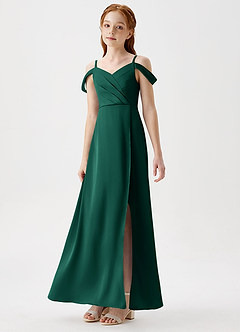 Azazie Ocean Junior Emerald A-Line Off the Shoulder Stretch Satin Dress image5