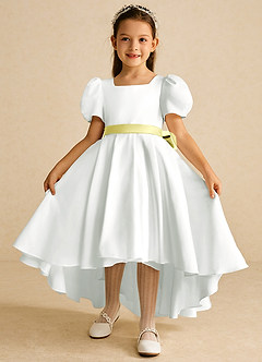 Azazie Zippy Flower Girl Dresses Ivory Lemon Sorbet A-Line with Sleeves Matte Satin Dress image2