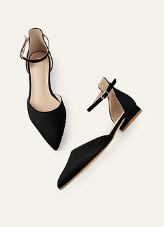 front Matching Color Matte Satin Pointed Toe Ankle Strap Flat Pumps Low Heel Wedding Shoes
