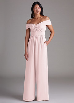 Azazie Lamara Robes de demoiselle d'honneur Combinaison Convertible en Mousseline de soie Épaule décolletée Rose Pâle image1